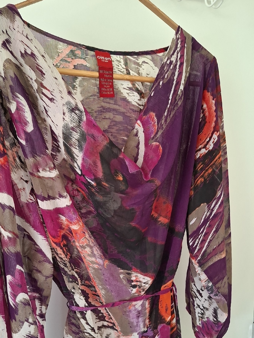 Olsen Purple & Orange Sheer Cowl-neck Balloon-sleeve Tie-waist Tunic (Size M) - Picture 3 of 7